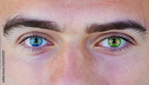Close up of a man face have eyes with two different colors, Heterochromia iridum eyes, generative AI.