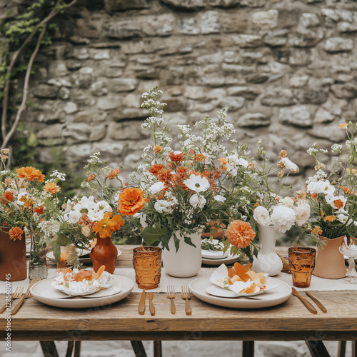 Wallpaper Mural beautifully arranged wooden table set for outdoor wedding, featuring orange and white flowers in vases, creating warm and inviting atmosphere Torontodigital.ca