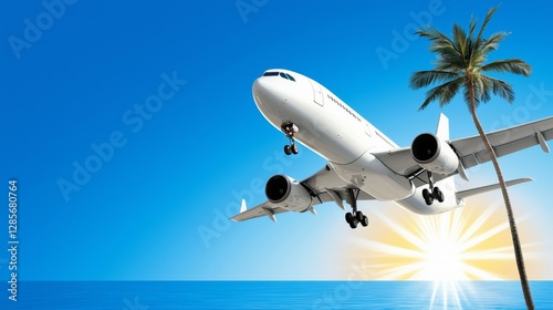 A plane flying over the ocean with a palm tree in the foreground