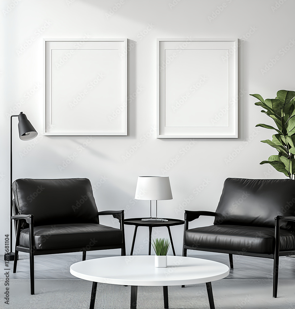 Fototapeta premium Modern Minimalist Living Room Interior with Blank Frames