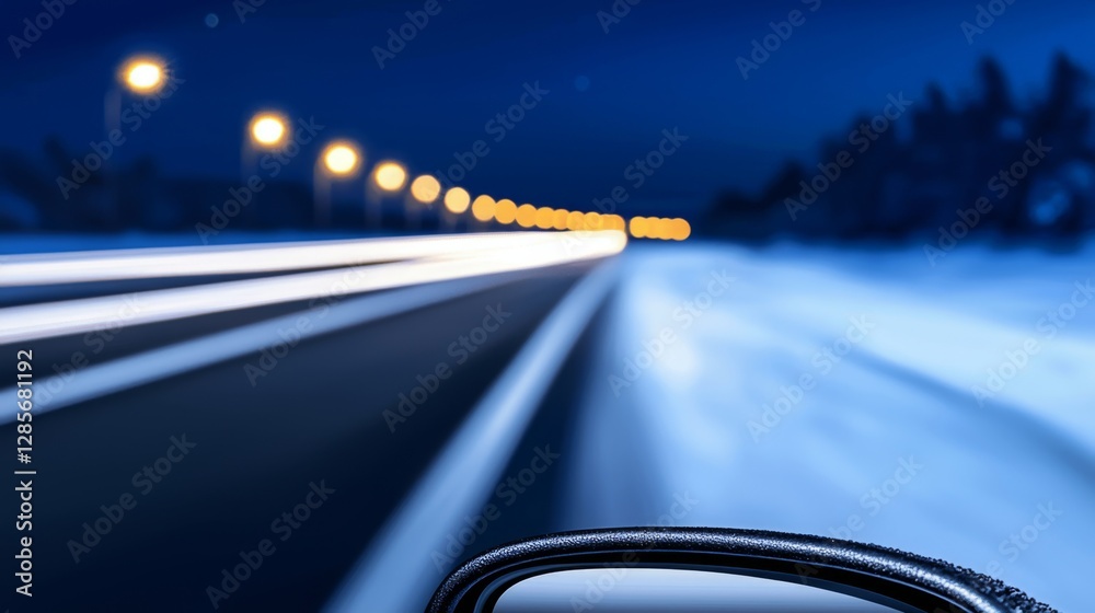 A view of a snowy road at night from the side mirror of a car