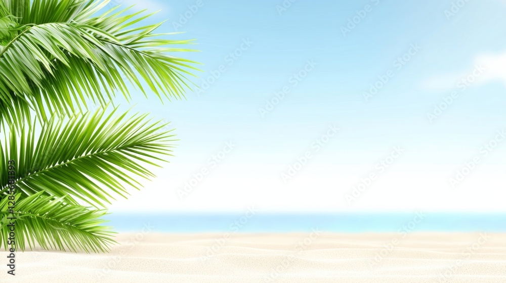 A palm tree on a sandy beach with a blue sky in the background A palm tree on a sandy beach with a blue sky in the background