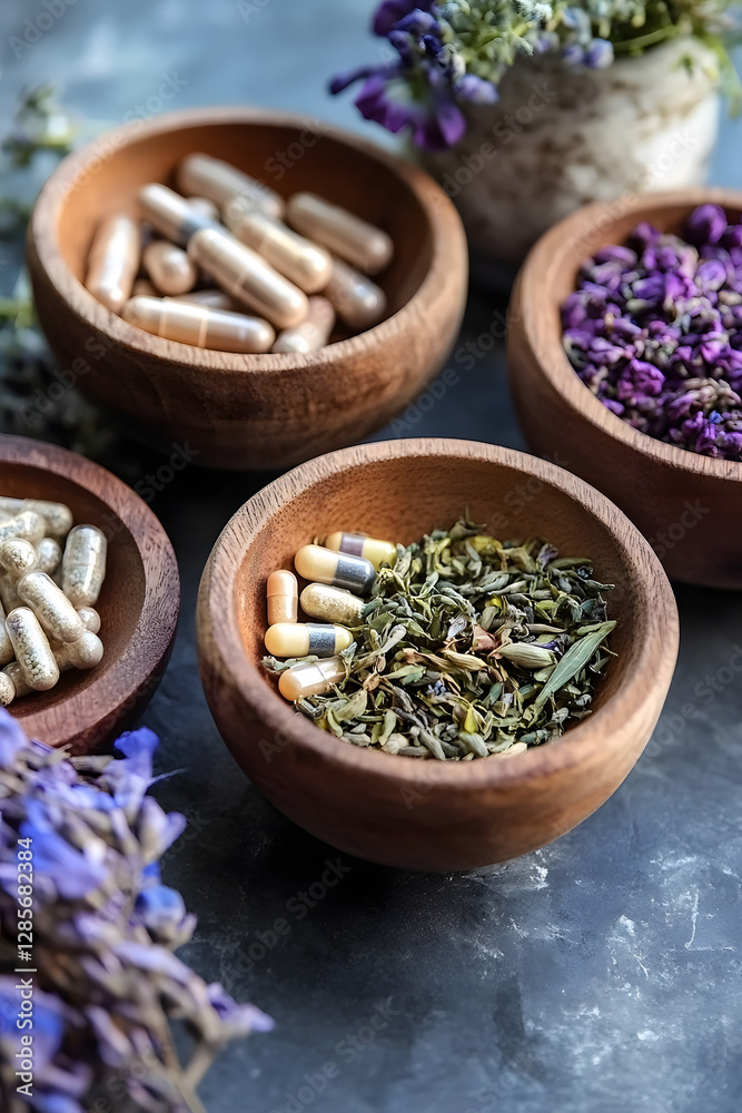 Natural Herbal Supplements and Capsules in Wooden Bowls with Dried Flowers on Dark Background : Generative AI Natural Herbal Supplements and Capsules in Wooden Bowls with Dried Flowers on Dark Background : Generative AI