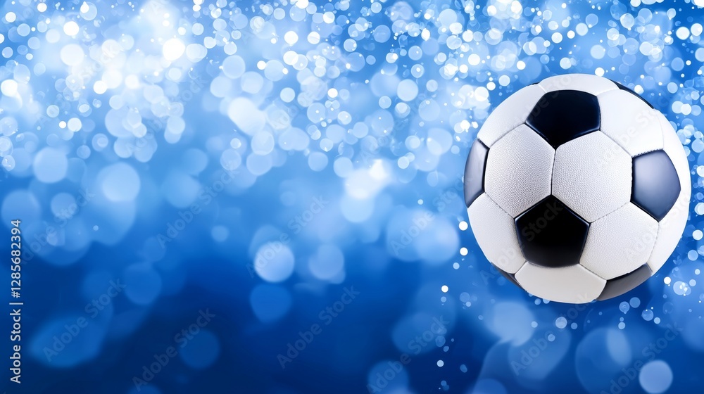 A soccer ball on a blue background with bokeh lights A soccer ball on a blue background with bokeh lights