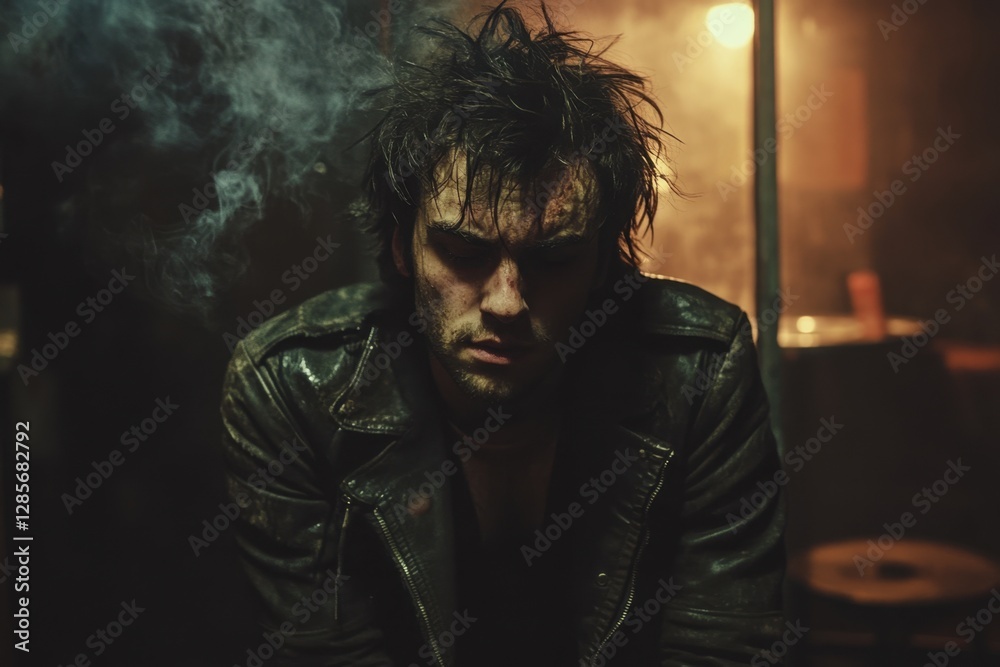 A brooding man sits in a dimly lit space, wearing a worn leather jacket, looking down with a cloud of smoke rising nearby. A brooding man sits in a dimly lit space, wearing a worn leather jacket, looking down with a cloud of smoke rising nearby.