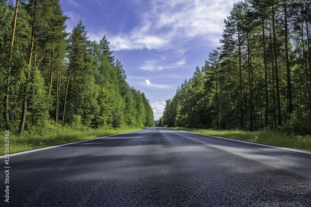 Fototapeta premium A road with an asphalt surface in the middle of a forest, against a blue sky background. A summer landscape. 
