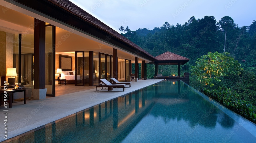 A large swimming pool in the middle of a lush green forest A large swimming pool in the middle of a lush green forest
