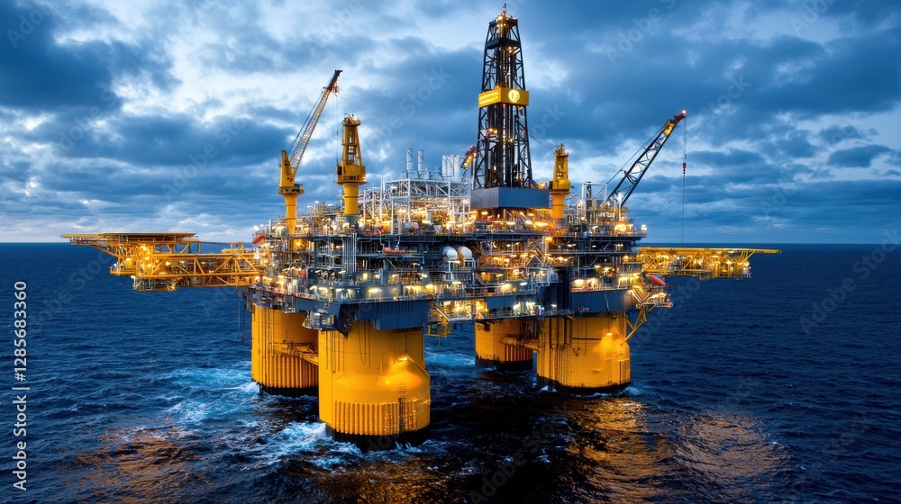 Fototapeta premium Offshore Oil Platform in the Open Ocean with Dramatic Cloudy Sky