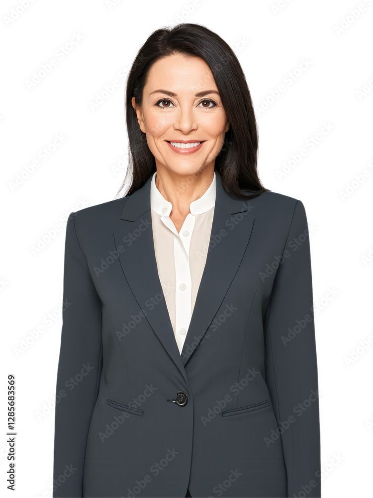 Middle-aged woman with medium-length black hair and soft brown eyes, a confident, poised smile. She wears a tailored corporate blazer Middle-aged woman with medium-length black hair and soft brown eyes, a confident, poised smile. She wears a tailored corporate blazer