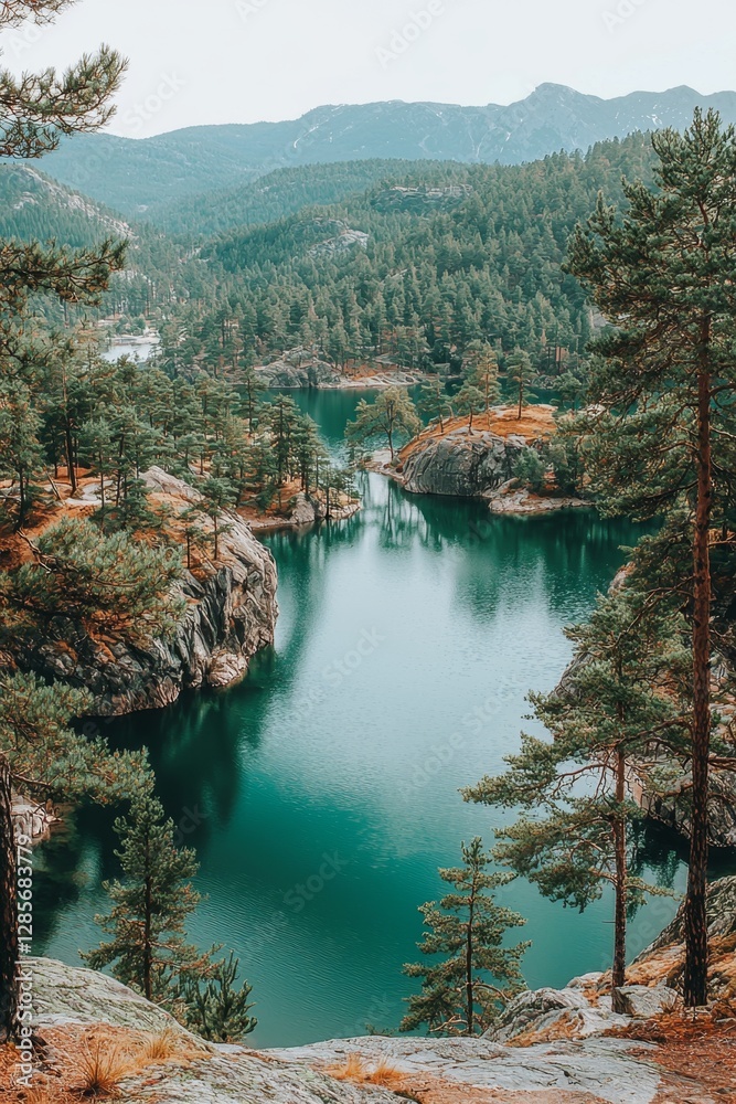 A large body of water surrounded by trees and mountains A large body of water surrounded by trees and mountains