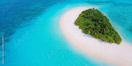 A serene island beautifully nestled in the middle of a vast, shimmering ocean on a sunny day