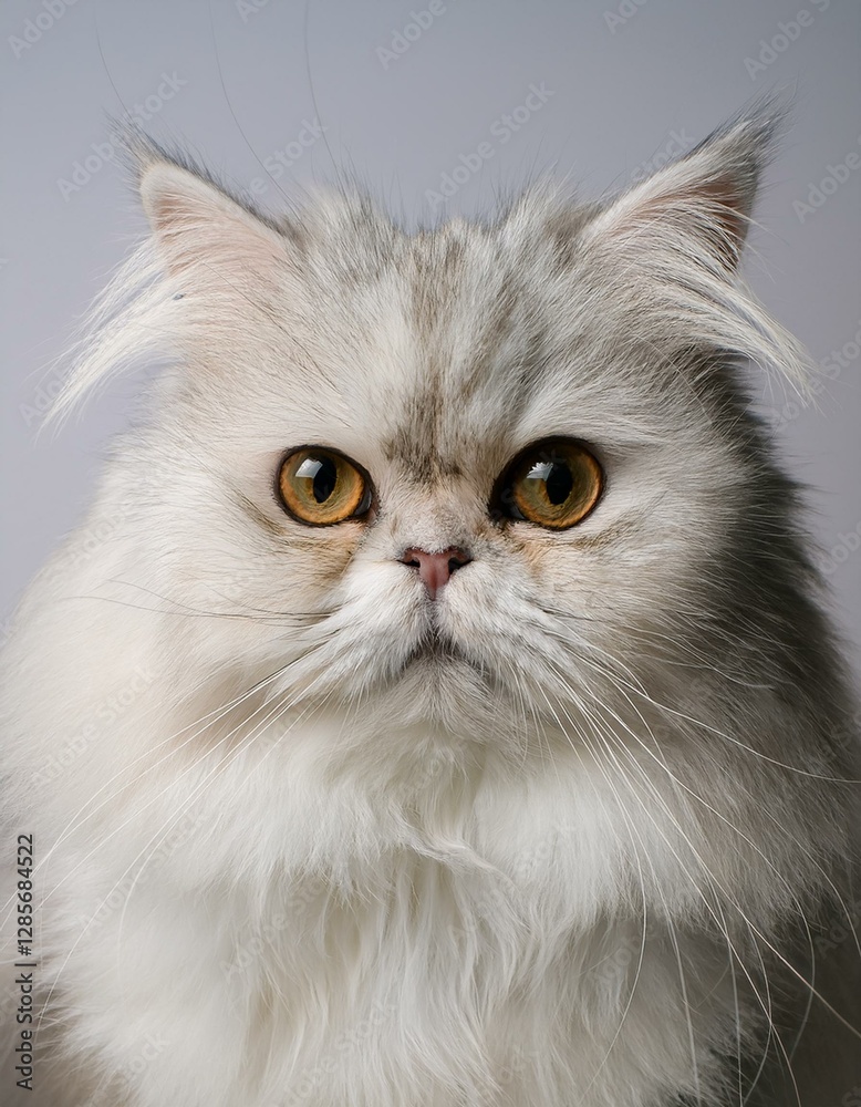 グレーの背景に溶け込むペルシャ猫の優しい笑顔が、シンプルで落ち着いた印象を与える

