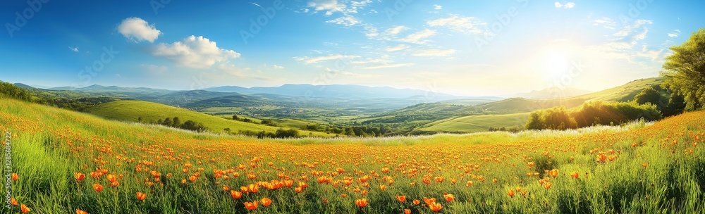 Panoramic view of a beautiful meadow with orange flowers, a blue sky, and the sun in the background Panoramic view of a beautiful meadow with orange flowers, a blue sky, and the sun in the background