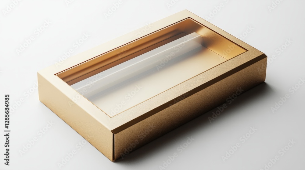 Hanger box packaging with a transparent rectangular window, soft gold color, on a stark white background Hanger box packaging with a transparent rectangular window, soft gold color, on a stark white background