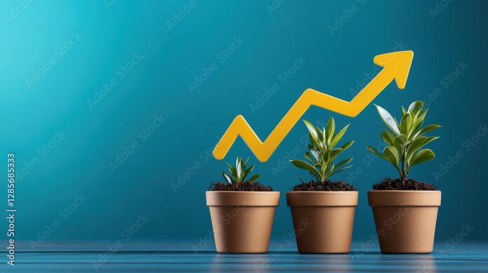 A yellow arrow pointing upwards is placed on three small plants in brown pots against a blue background A yellow arrow pointing upwards is placed on three small plants in brown pots against a blue background