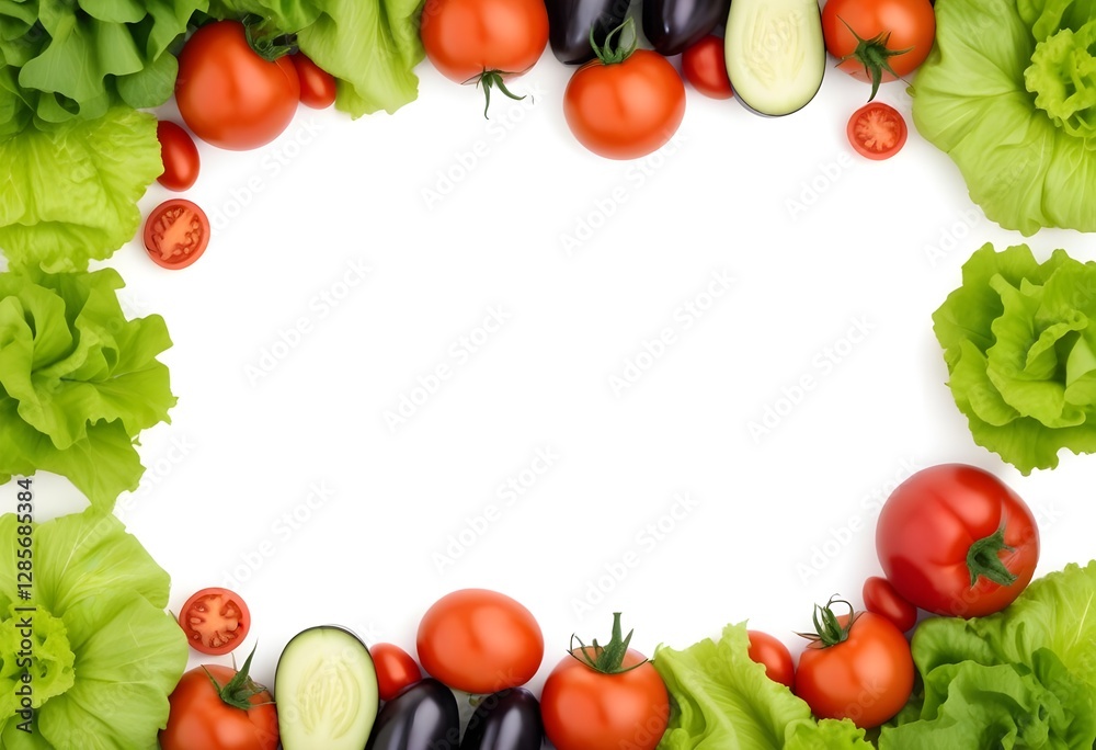 Fresh vegetables including tomatoes, lettuce, and eggplant arranged in a frame on a white background Fresh vegetables including tomatoes, lettuce, and eggplant arranged in a frame on a white background
