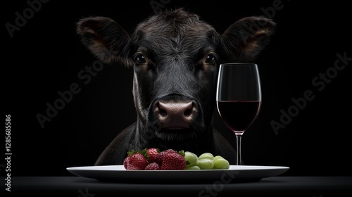 A cow with a plate of fruit and a glass of wine