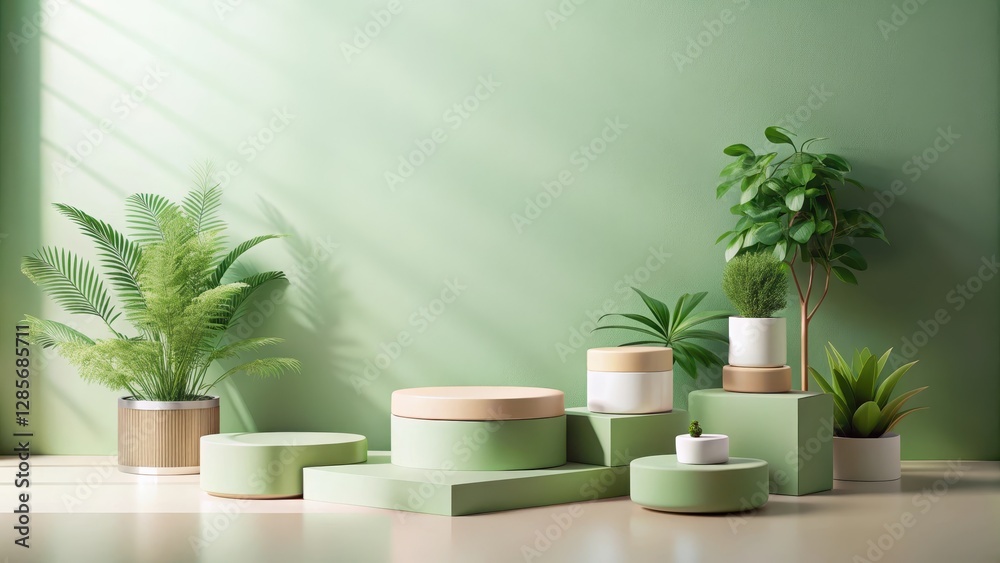 Fototapeta premium Serene Green Product Display with Lush Foliage and Minimalist Platforms
