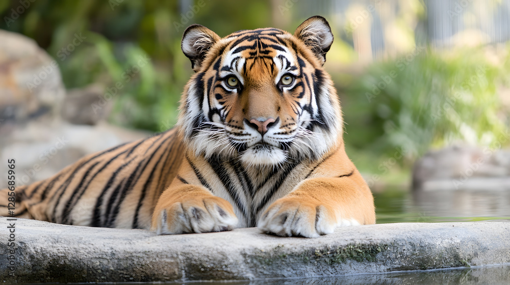 Majestic Bengal Tiger Resting on Stone by Pond in Natural Habitat : Generative AI Majestic Bengal Tiger Resting on Stone by Pond in Natural Habitat : Generative AI
