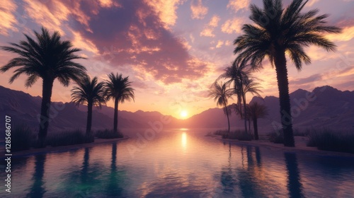 Tropical Sunset Pool Paradise, tranquil evening scene, vacation destination
