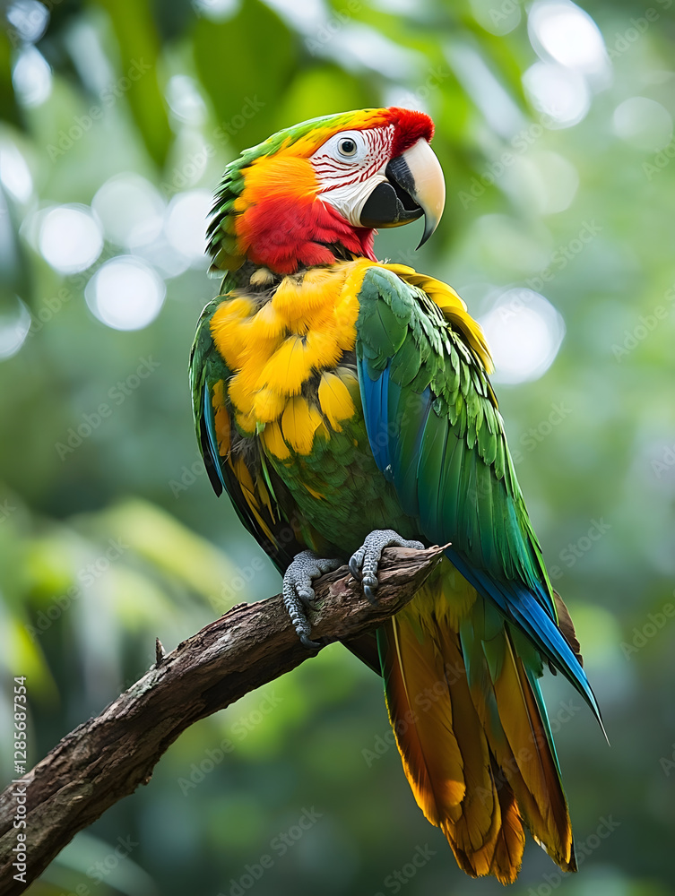 Obraz premium Vibrant Macaw Parrot Perched Gracefully on Tree Branch in Lush Tropical Jungle : Generative AI