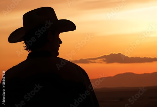 A silhouette of a man wearing a cowboy hat against a vibrant sunset sky