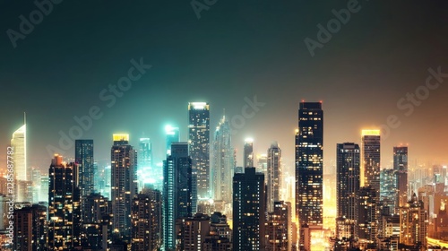 Stunning Night View of Illuminated Modern City Skyline with Tall Skyscrapers and Buildings