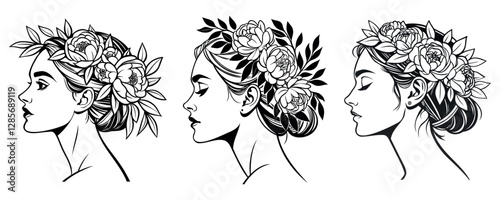 
set of portraits of a beautiful woman in a wreath of flowers