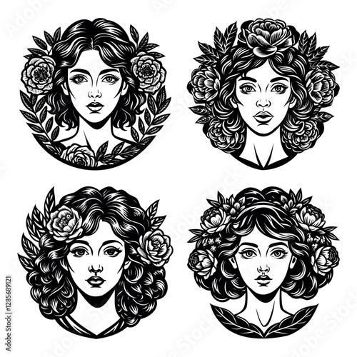 
set of portraits of a beautiful woman in a wreath