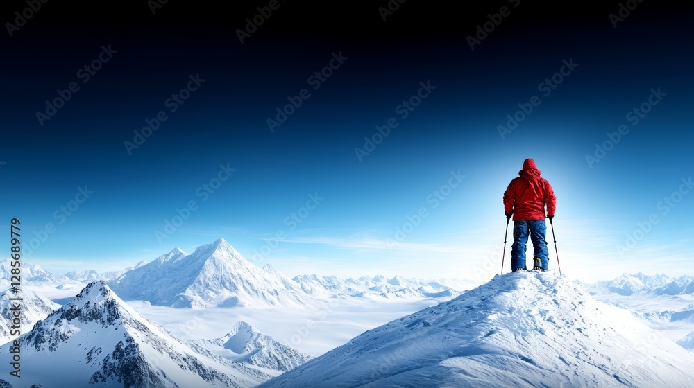 A person standing on top of a snow covered mountain A person standing on top of a snow covered mountain
