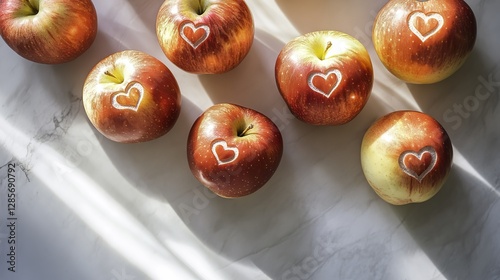 The heart - shaped engravings on the apples add a touch of romance and uniqueness, making them stand out