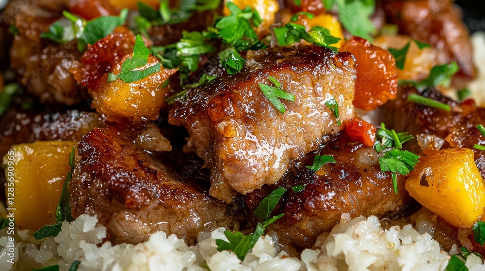 Savoring grenadian oil down with tender salted meat grenada food photography close-up culinary delight Savoring grenadian oil down with tender salted meat grenada food photography close-up culinary delight