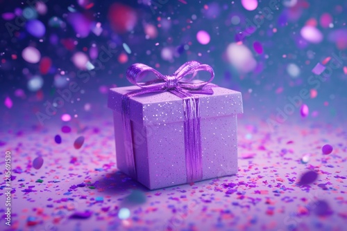 Delicate Purple Gift Box Surrounded by Colorful Confetti
