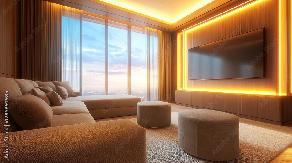 Fototapeta premium Modern living room with city view.