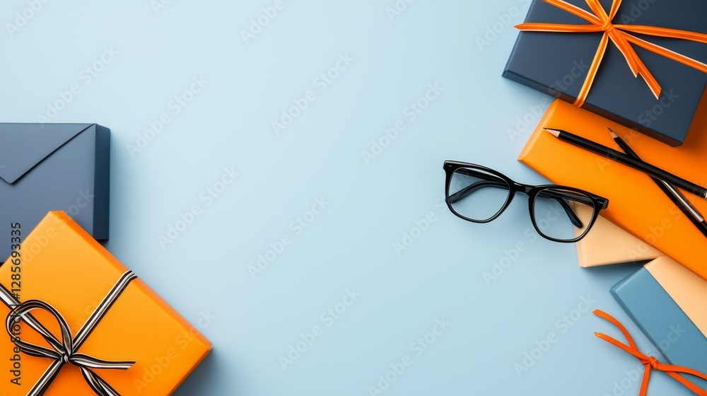 A blue and orange gift box with a pair of glasses on top of it