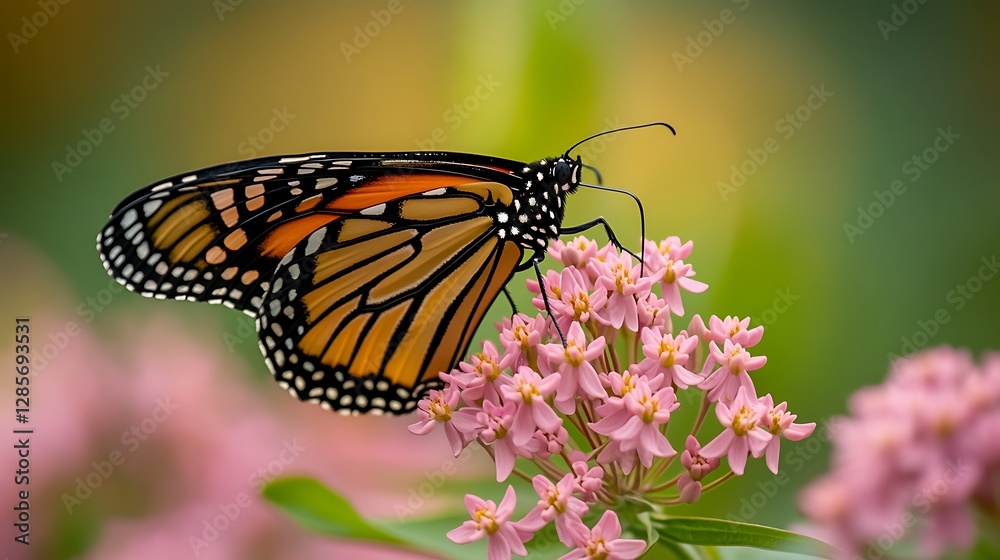 Fototapeta premium Monarch Butterfly Feeding on Pink Flowers in a Garden Setting