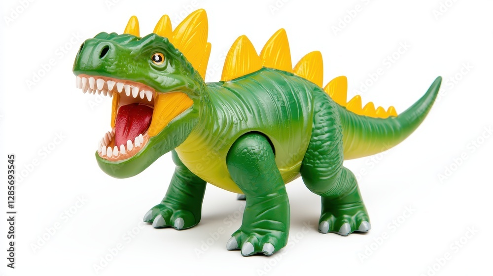 Obraz premium Colorful Toy Dinosaur with Spikes and Open Mouth on White Background