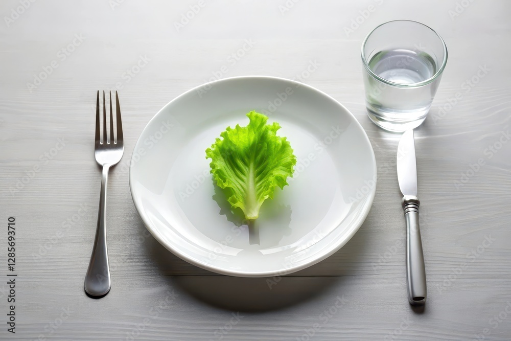 A solitary lettuce leaf rests on a pristine white plate, accompanied by a fork, knife, and glass of water, symbolizing a minimalist or restrictive meal. A solitary lettuce leaf rests on a pristine white plate, accompanied by a fork, knife, and glass of water, symbolizing a minimalist or restrictive meal.