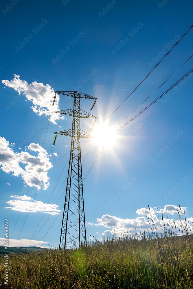 Tall Electricity Pylon under Bright Sun on Clear Sky in Countryside : Generative AI Tall Electricity Pylon under Bright Sun on Clear Sky in Countryside : Generative AI