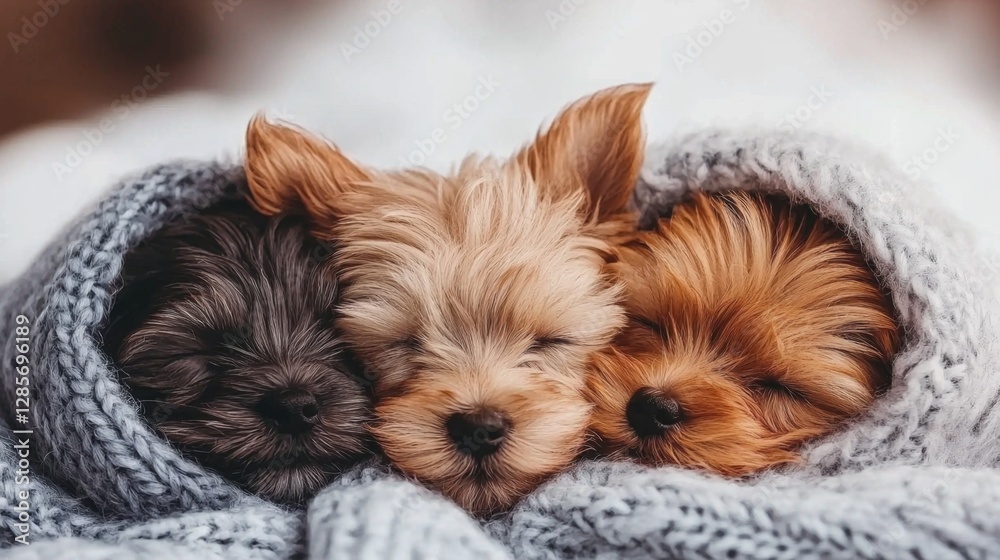 Three small dogs sleeping in a blanket on a bed Three small dogs sleeping in a blanket on a bed