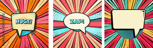 Set of vivid empty rectangular comic book speech bubble, Zap and Huge bold text on retro pop art background,  for advertising, marketing, promotions and dynamic social media post communications