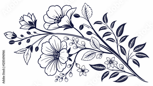 Black and white floral vector design features a seamless pattern of sketched flower silhouettes and leaf elements