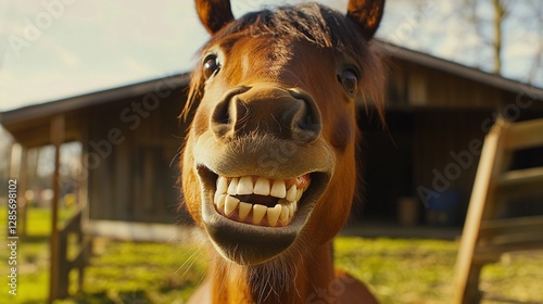 Horse with its lips curled up, showing teeth in a goofy 
