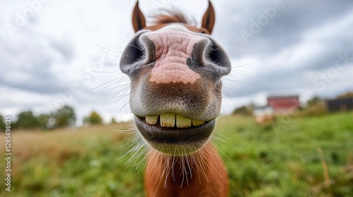 Horse with its lips curled up, showing teeth in a goofy 