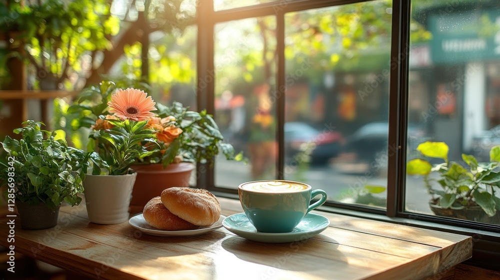 Sunny cafe window with coffee, pastries, and flowers Sunny cafe window with coffee, pastries, and flowers