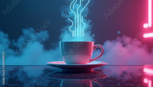 Futuristic coffee cup with digital steam in neon light