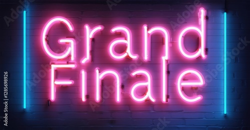 Glowing neon sign displaying grand finale in vibrant colors, evoking a dramatic theater climax with dazzling illuminated letters against a dark background, symbolizing a spectacular ending