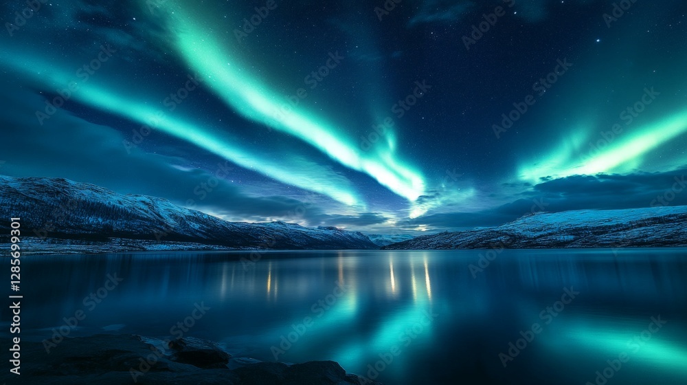 Naklejka premium Breathtaking northern lights over snow-capped mountains and reflective lake at night
