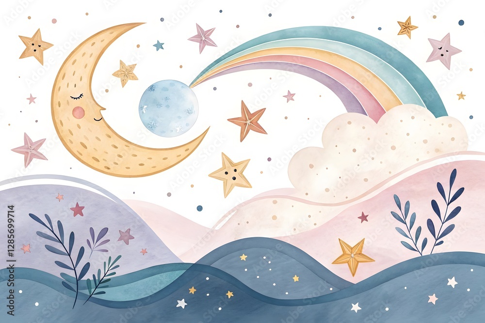 Whimsical Night Sky with Moon, Stars, Rainbow, and Clouds