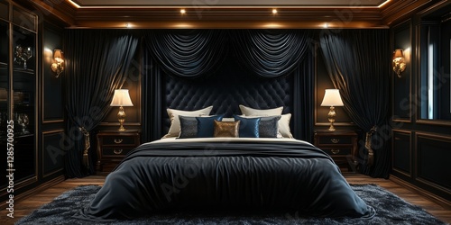 a luxurious and elegantly designed bedroom with a king-sized bed, plush curtains, and antique furniture, exuding comfort and opulence. The room is decorated in dark tones.